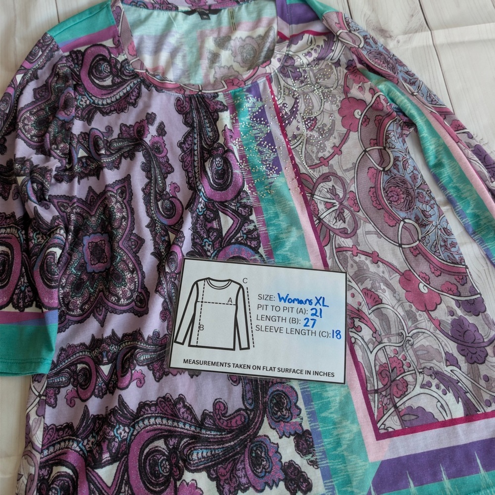 Women’s Size XL Knit Top Paisley Embellished Scoop Purple 3/4 Sleeve Kiara - Picture 9 of 11